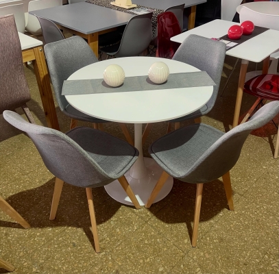 Juego Mesa Tulip Blanca 1.00 diam. + 4 Sillas Tulip Lino Gris