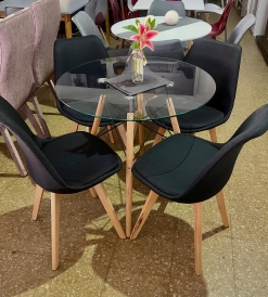 Juego Mesa Eames Vidrio 0.80 diam. + 4 Sillas Tulip Lino Negro