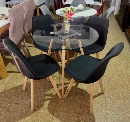 Juego Mesa Eames Vidrio 0.80 diam. + 4 Sillas Tulip Lino Negro