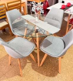 Juego Mesa Eames Vidrio 0.80 diam. + 4 Sillas Tulip Lino Gris