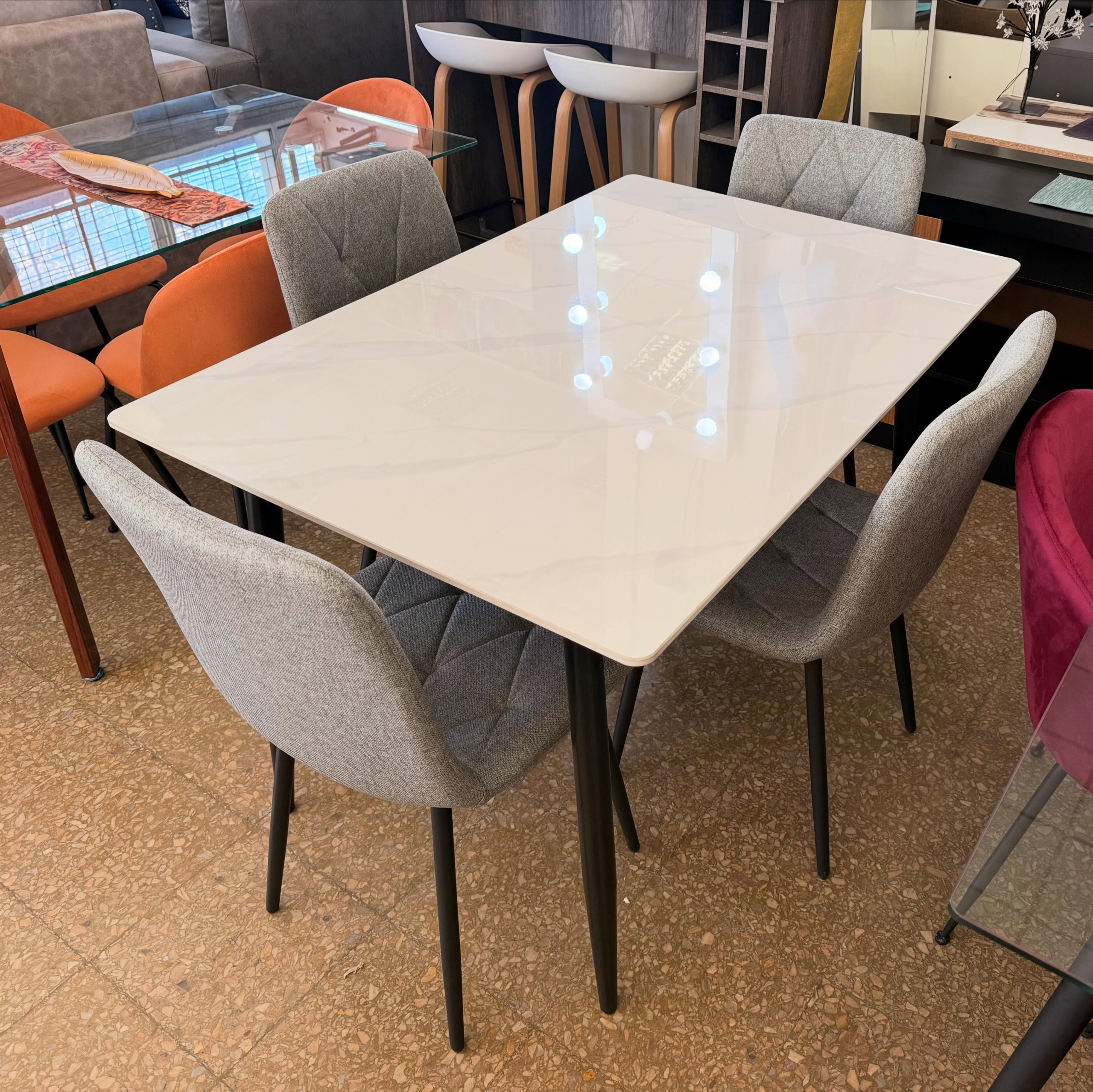 Juego Mesa Fija Neolith 1.20 x 0.80 + 4 Sillas Venecia Rombo Lino Gris
