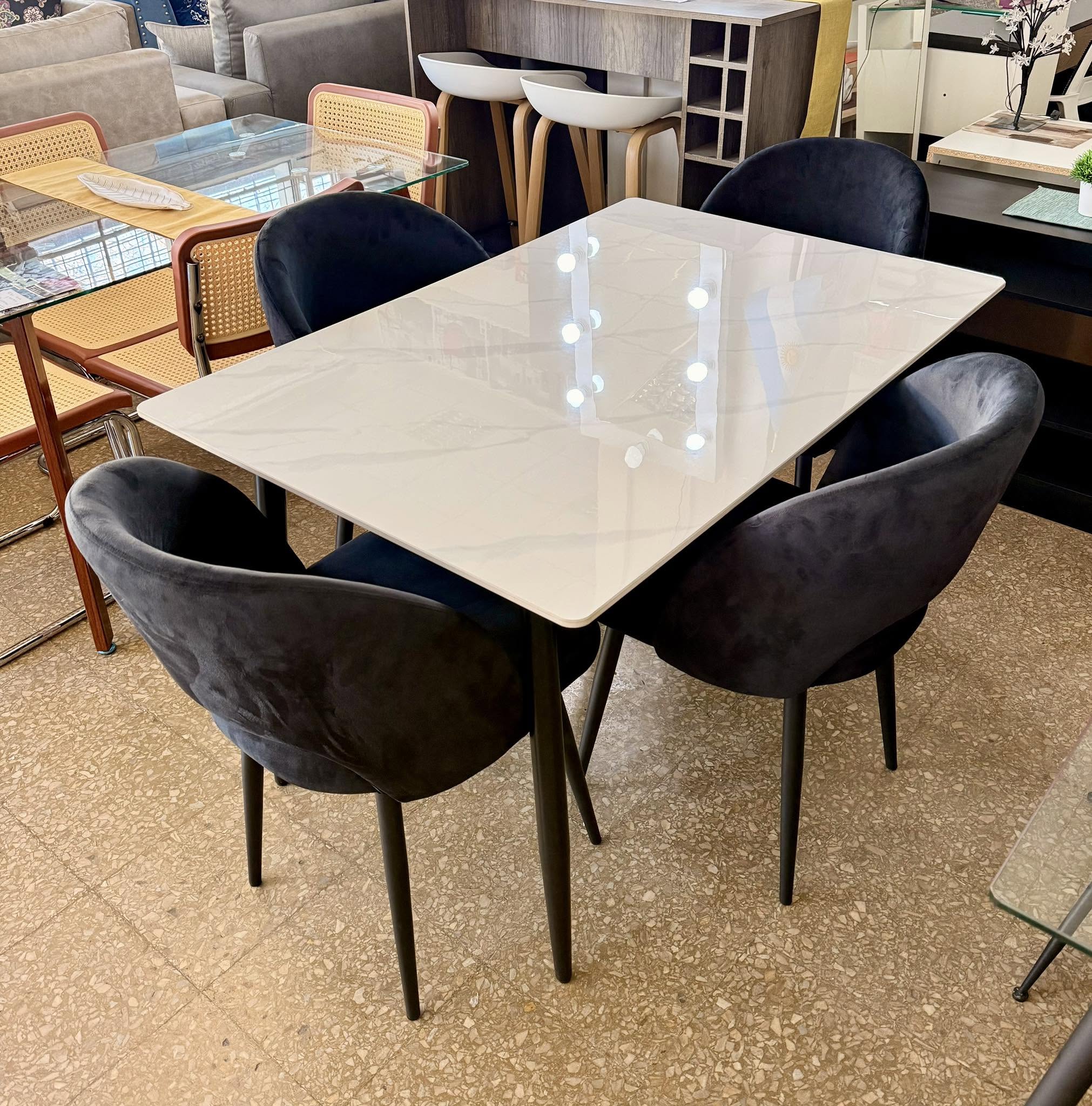 Juego Mesa Fija Neolith 1.20 x 0.80 + 4 Sillas Saromi Negras