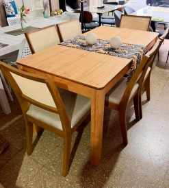 Juego Mesa Recta Paraíso 1.50 x 0.80 + 6 Sillas Bali Esterilla Lino Sepia